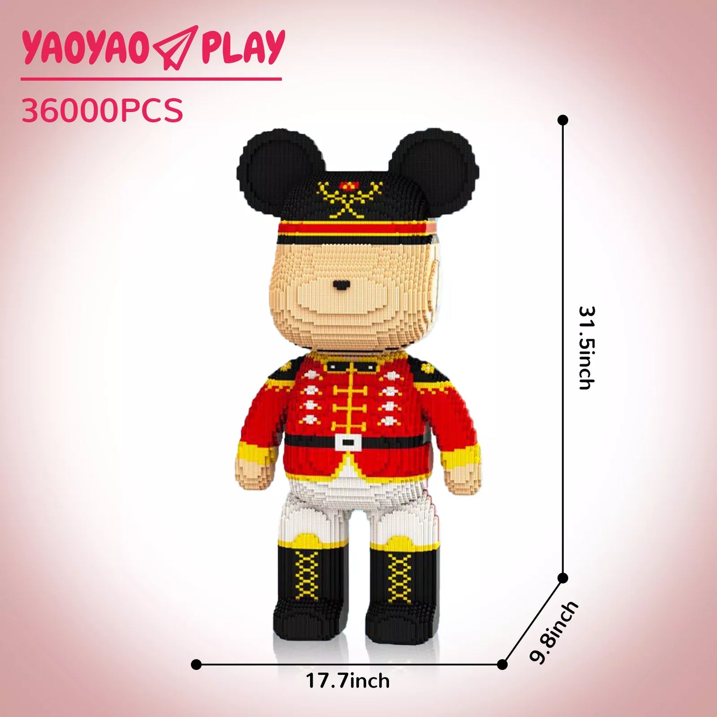 A 31.5-inch-tall Brick Bear toy in red military uniform with gold accents, labeled "36000PCS" on a neutral gradient backdrop.