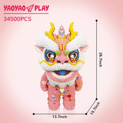 A 26.7-inch-tall pink ​​Brick Bear toy​​ with floral motifs, textured mane, and yellow horns labeled "34,500PCS."